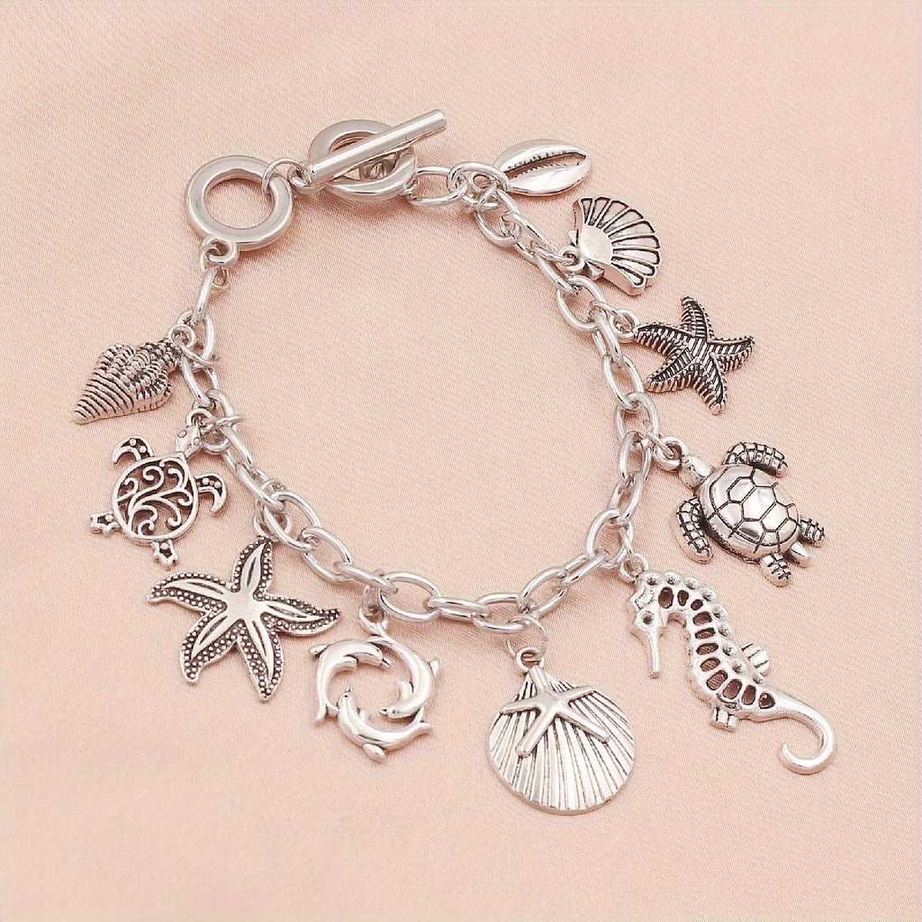 S925 Sterling Silver Ocean Charm Bracelet Women – Seahorse Turtle Dolphin Starfish Conch Scallop Pendant Chain Marine Animal Jewelry Friendship Gift Summer Vacation