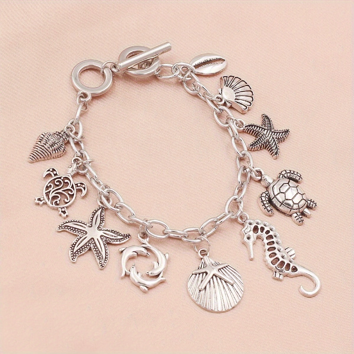S925 Sterling Silver Ocean Charm Bracelet Women – Seahorse Turtle Dolphin Starfish Conch Scallop Pendant Chain Marine Animal Jewelry Friendship Gift Summer Vacation