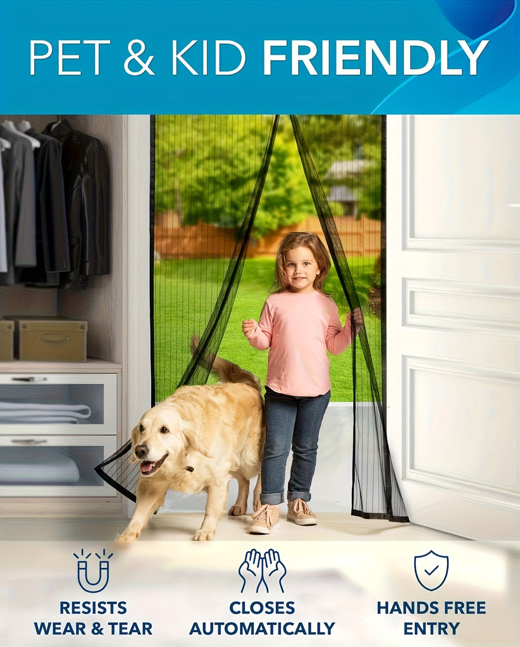 Magnetic Screen Door Hands-Free Auto-Close Heavy Duty Mesh Curtain – Bug & Insect Proof Pet & Kid Friendly for Front Door Kitchen Balcony Bedroom & Patio