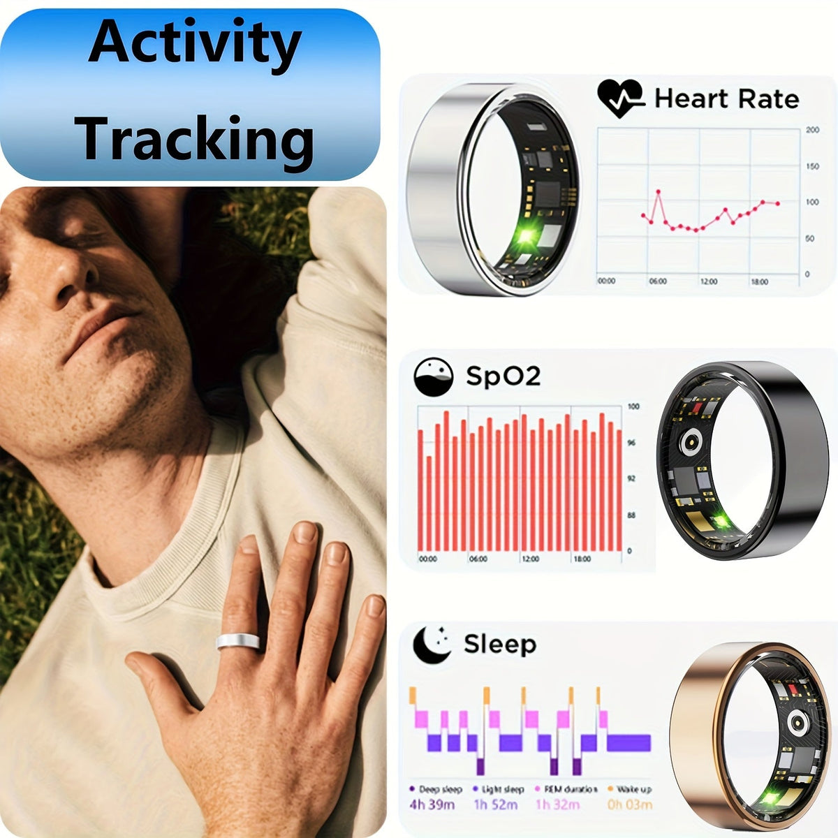 Smart Ring Sleep Tracker Heart Rate Monitor Fitness Wearable, Titanium Alloy Body Bluetooth 5.3, Step Counter Pedometer Distance Tracking, Magnetic Charging, Compatible with iPhone & Android – Black Rose Gold Silver