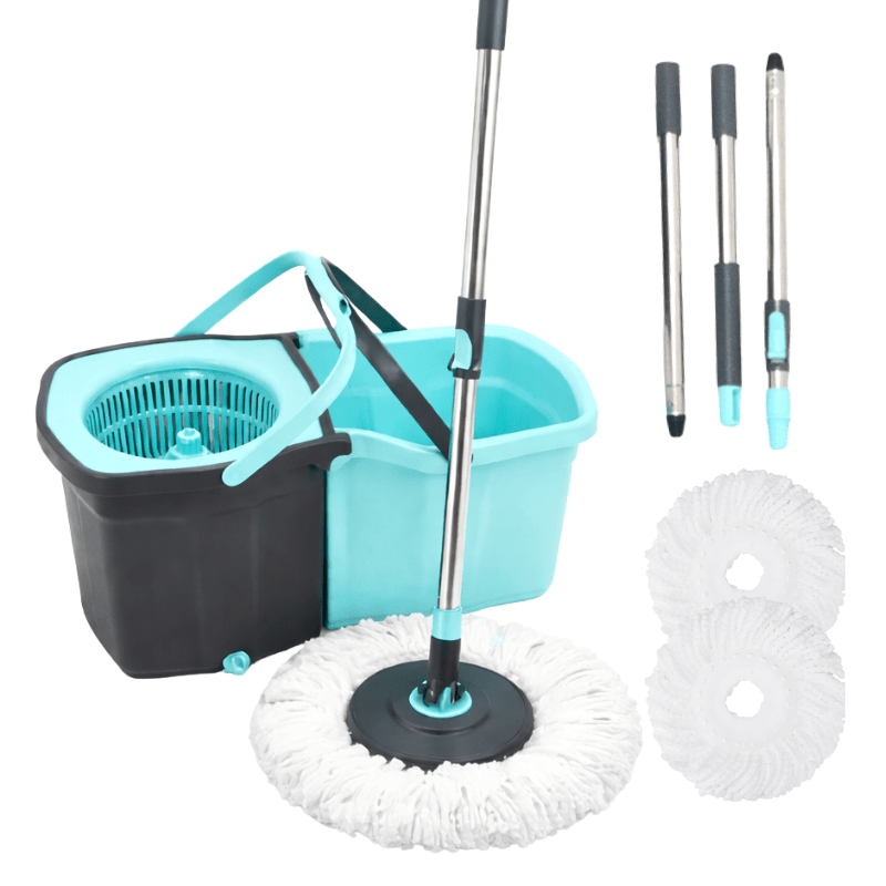 360° Spin Mop and Bucket Set with Wringer – Microfiber Mop Refills Stainless Steel Extended Handle Separate Compartment Floor Cleaning System for Hardwood Tile Laminate, Upgrade Option with 2 Refills