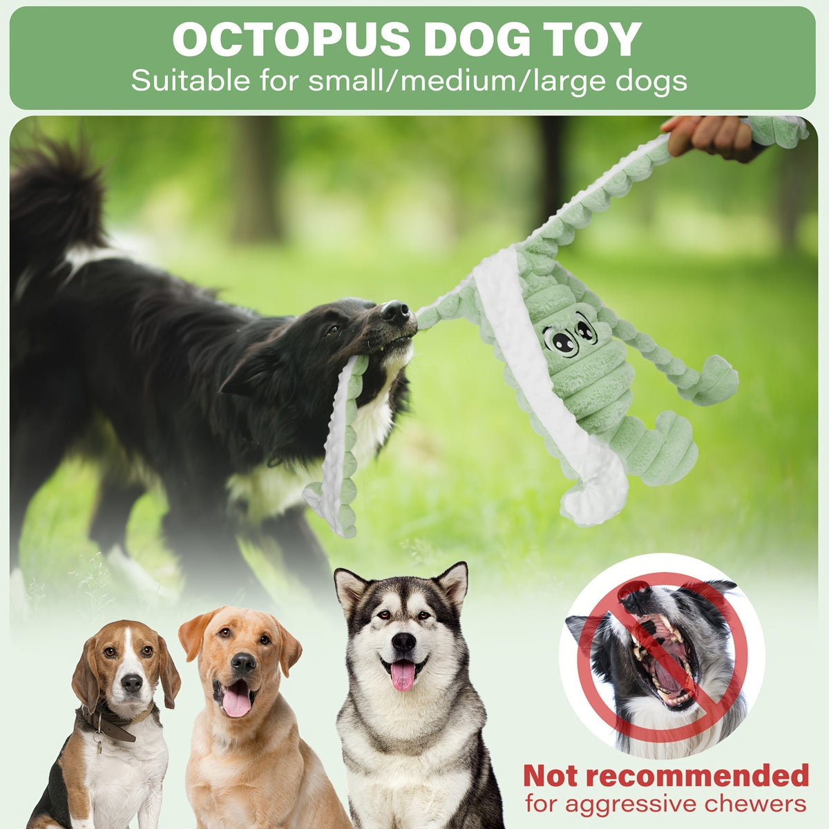 Squeaky Octopus Plush Dog Chew Toy Interactive Stuffed Squeaker Toy Puppies Dogs Soft Teeth Cleaning Chewable Small Medium Large Breeds 5 Colors Green Blue Pink Yellow Red