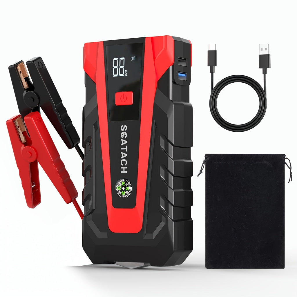 Car Jump Starter with Air Pump & Digital Tire Pressure Gauge – 12V Portable Emergency Starter for Cars, Trucks, SUV, RV & Motorcycles, LED Display, SOS Light & Window Breaker