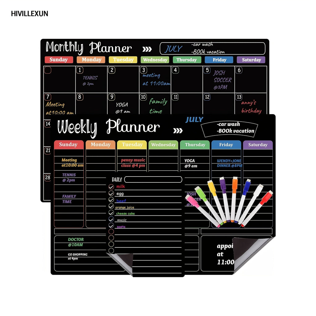 Magnetic Dry Erase Board Set of 3 for Fridge & Wall – Black Monthly Weekly Daily Planner Calendar with 8 Markers, Family Home Office Organizer by Hivillexun