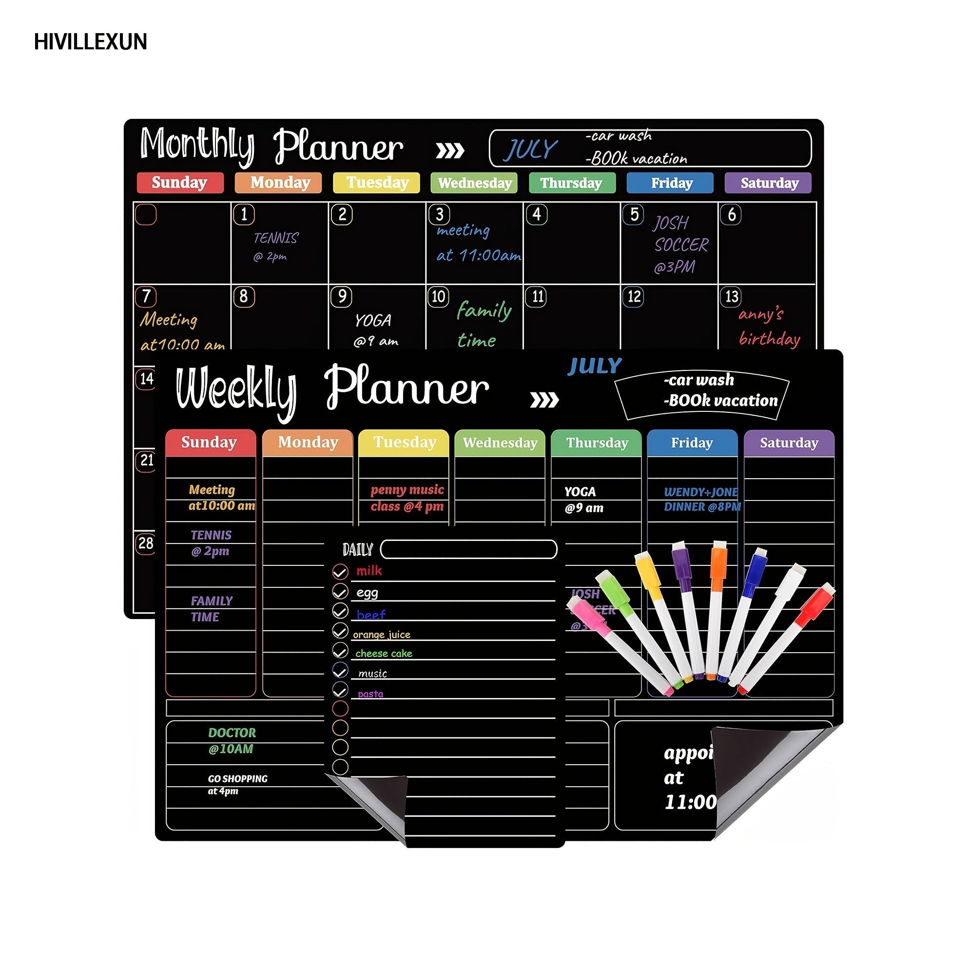 Magnetic Dry Erase Board Set of 3 for Fridge & Wall – Black Monthly Weekly Daily Planner Calendar with 8 Markers, Family Home Office Organizer by Hivillexun
