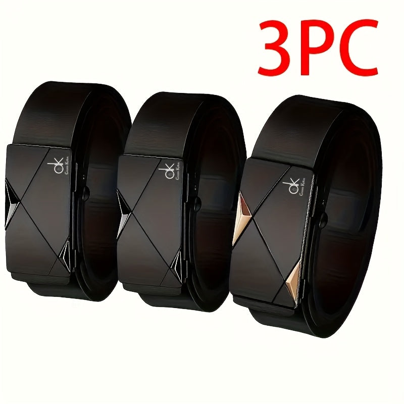 3 Pack Men's Genuine Cowhide Leather Belt Set with Automatic Alloy Buckle – Business Casual Dress Belts for Men, Adjustable & Durable, Great Gift for Him