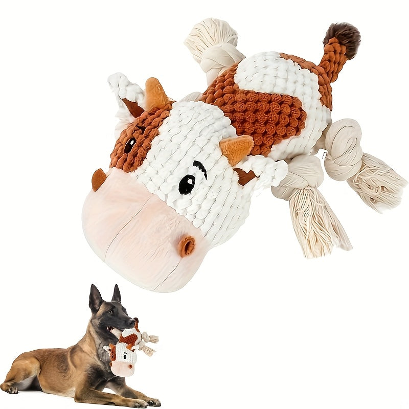 Squeaky Cow Dog Toy Plush Interactive Tug-of-War Rope with Crinkle Paper IQ Training Chew Toy for Small Medium Large Dogs Anxiety Relief Boredom Buster No Battery Needed