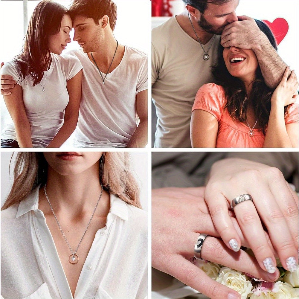 Couples Promise Ring & Necklace Set – I Love You 100 Languages Projection Stone Pendant Matching Jewelry Gift for Him and Her Anniversary Valentine's Day