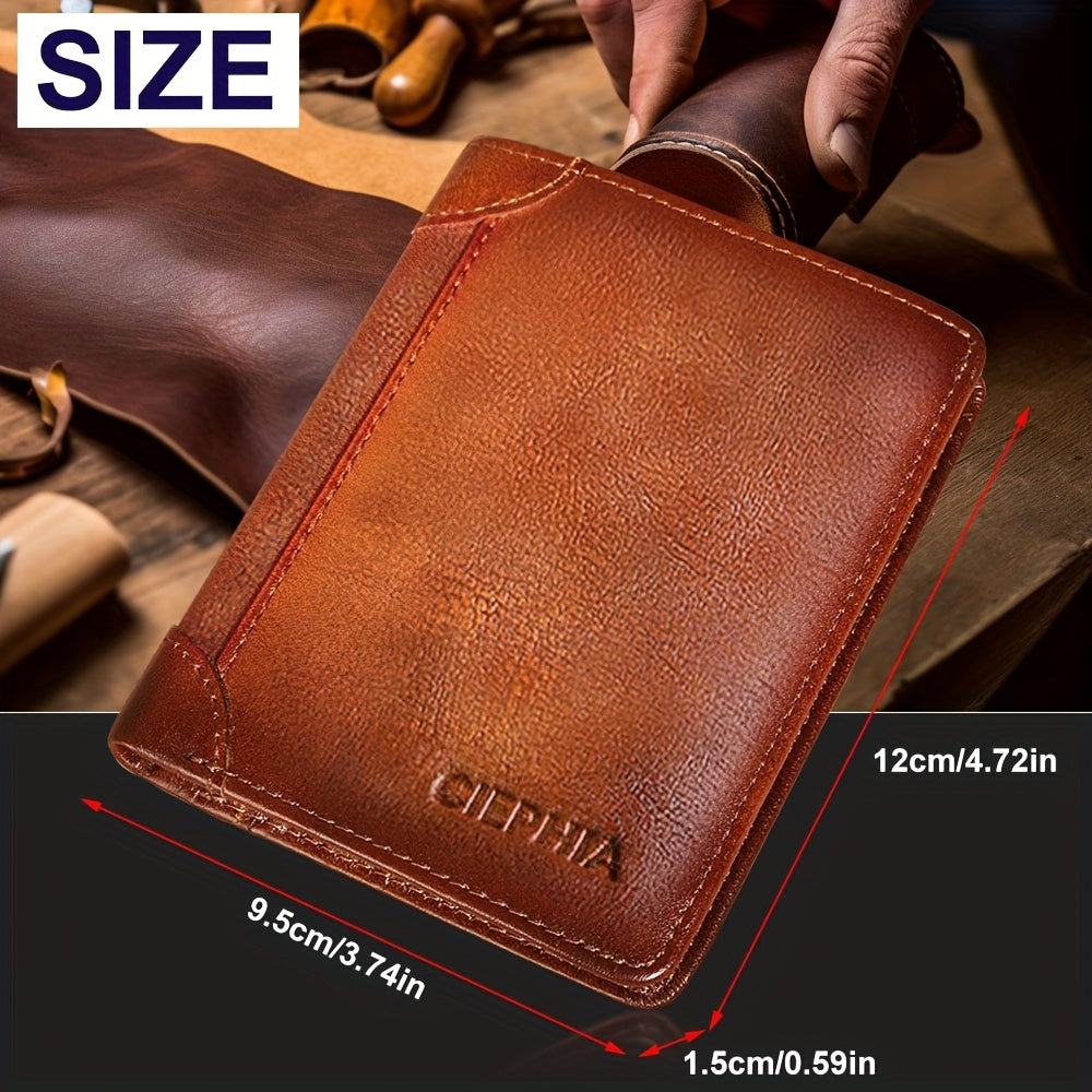 RFID Blocking Genuine Leather Wallet Men Trifold Cowhide Vintage 9 Card Slots 2 ID Windows Money Clip Cash Slots Father's Day Birthday Gift for Dad Husband Brown Black Blue