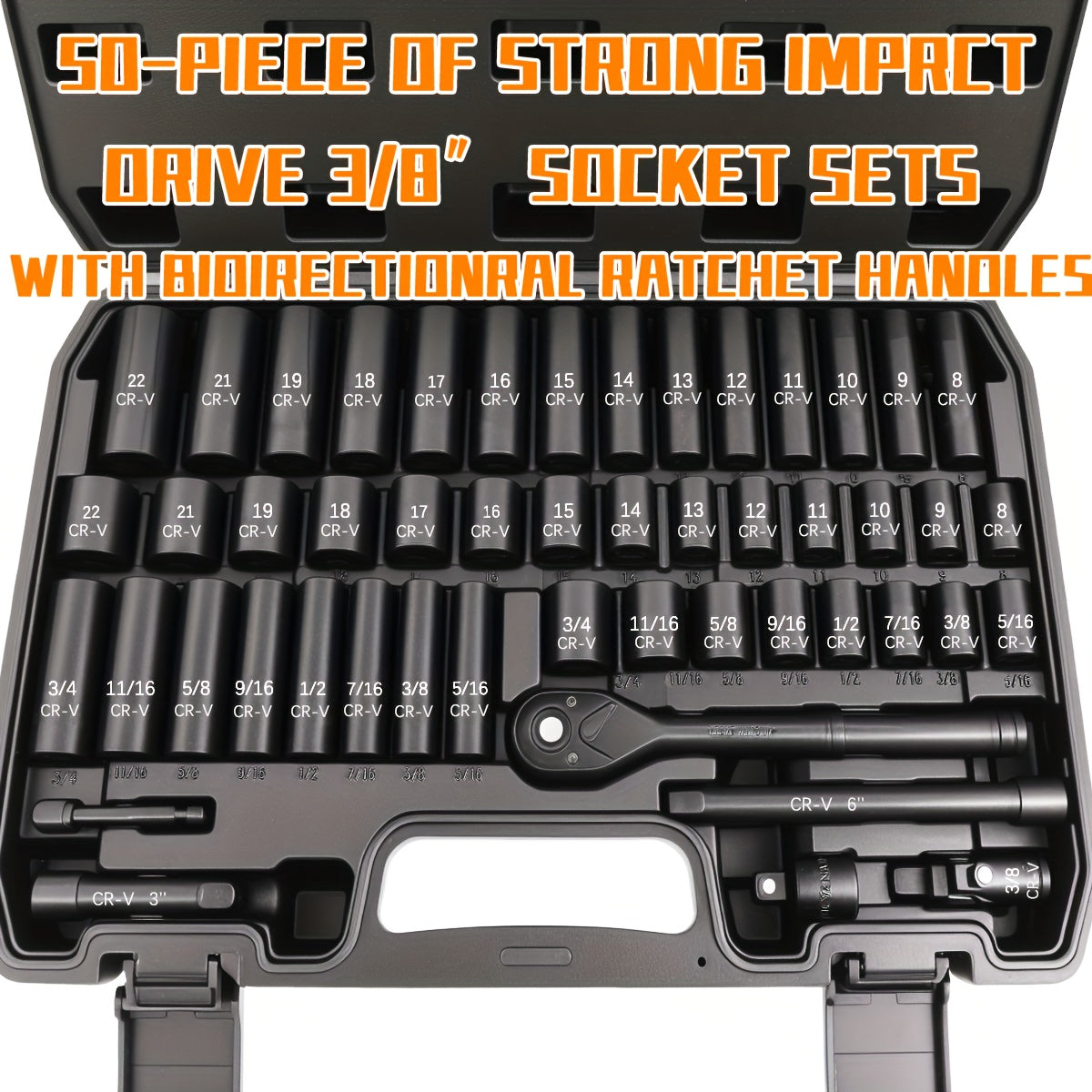 Impact Socket Set 3/8 Drive CR-V Steel Ratchet Kit – 50 to 999 Piece SAE & Metric Sockets with Ratchet Handle & Adapter for Auto Repair, DIY & Professional Mechanics