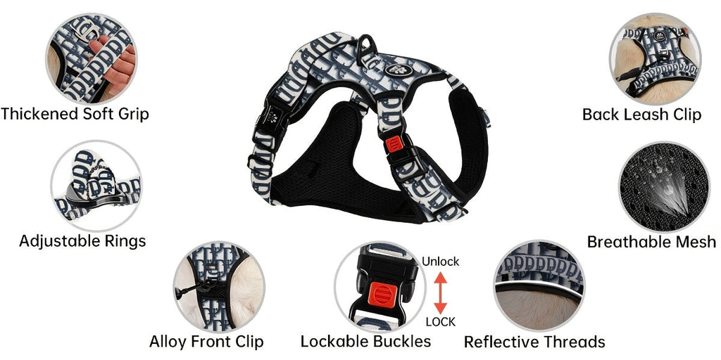 No Pull Dog Harness Set with Leash Retractable Seatbelt Collar Storage Strap Fully Reflective Breathable Mesh Adjustable Vest Harness Front Back Clip Handle XS to XL 8 Colors