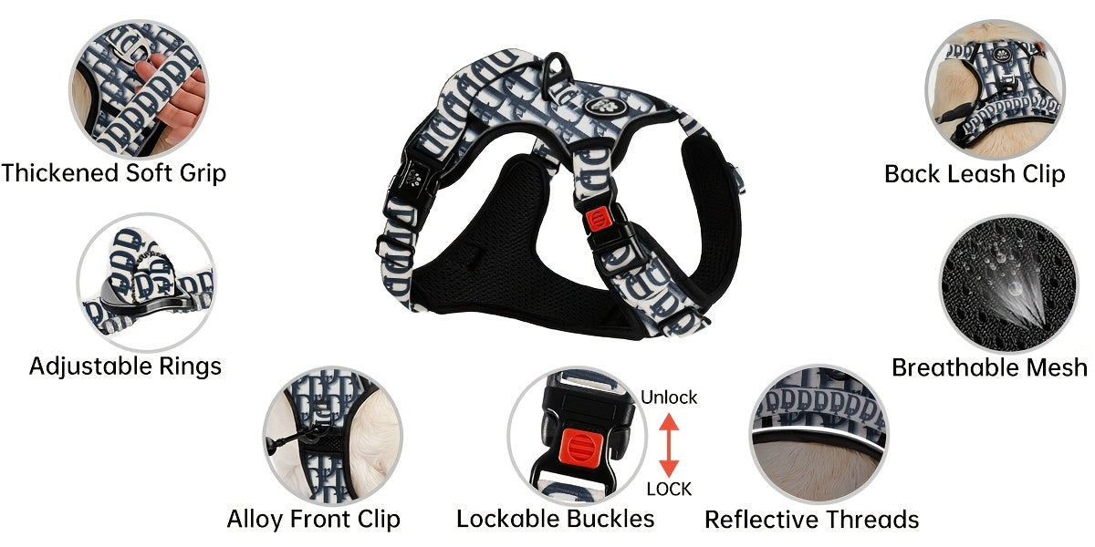 No Pull Dog Harness Set with Leash Retractable Seatbelt Collar Storage Strap Fully Reflective Breathable Mesh Adjustable Vest Harness Front Back Clip Handle XS to XL 8 Colors