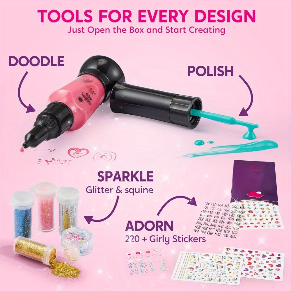 Kids Nail Art Kit for Girls Non-Toxic Nail Polish Set with Glitter Stickers Sequins 220+ Designs 6 Color Pens Children Nail Studio Birthday Christmas Gift Ages 7 and Up