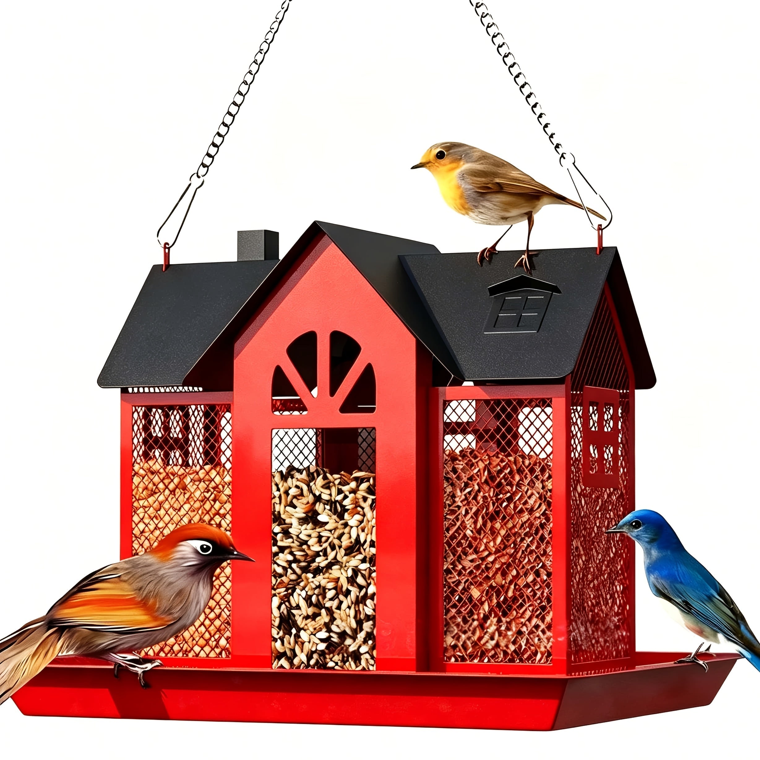 Squirrel Proof Wild Bird Feeder Outdoor – 3-Chamber Metal Mesh Large Capacity Weatherproof Hanging Bird Feeder for Cardinals, Finches & Backyard Birds, Multiple Colors