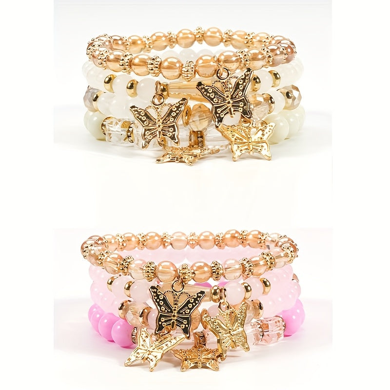 Butterfly Beaded Bracelet Set for Women Boho Stackable – 4 8 16pcs Sparkle Multi-Layered Elastic Charm Bracelets, Bohemian Wrist Jewelry Perfect Birthday Holiday Gift for Her