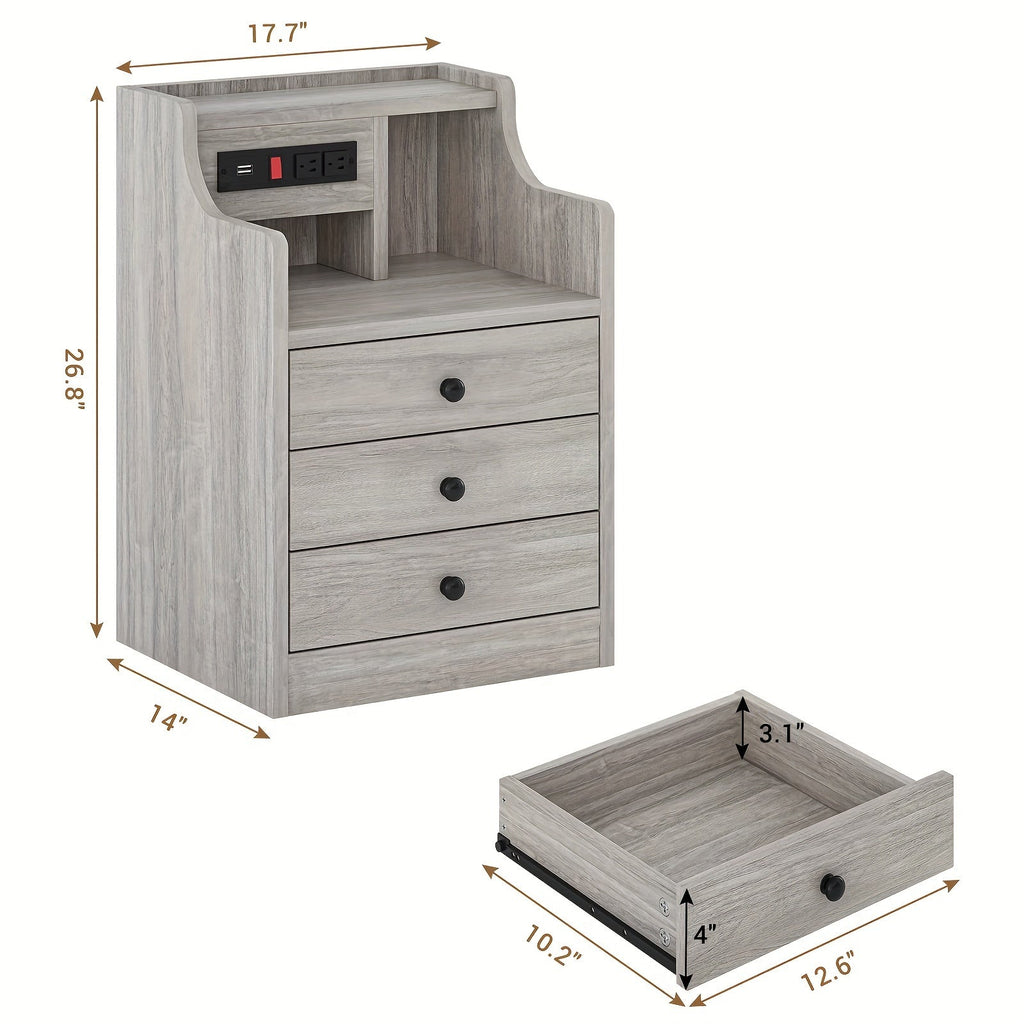 Nightstand with Charging Station 2 USB Ports 2 Outlets - 3 Drawers Hutch Bedroom End Table Sofa Side Table for Living Room Office Gray White 14x17.7x26.8 Inch
