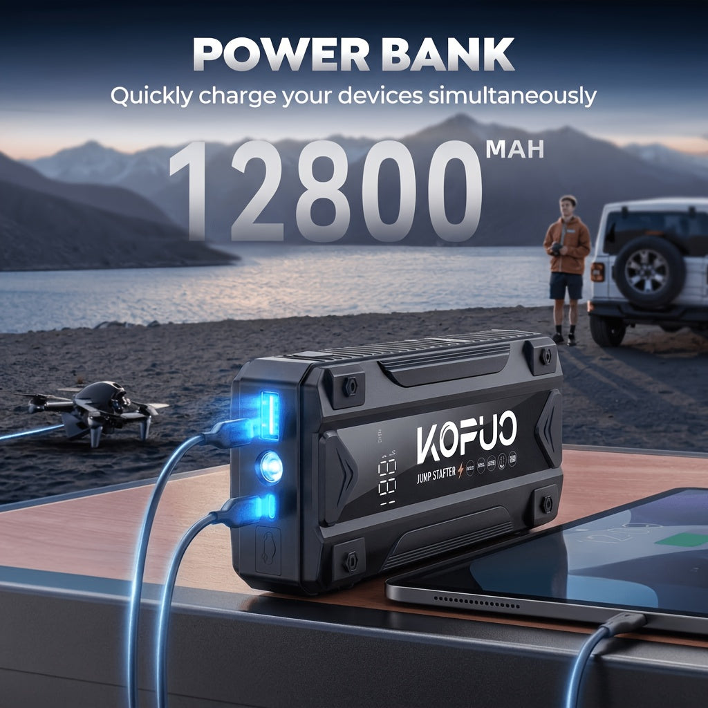 Portable Car Jump Starter with Air Compressor 20000A Peak 7 in 1 Battery Booster Pack 150PSI Tire Inflator Power Bank LED Light LCD Display Safety Hammer 12V Emergency Roadside Kit Car SUV Truck