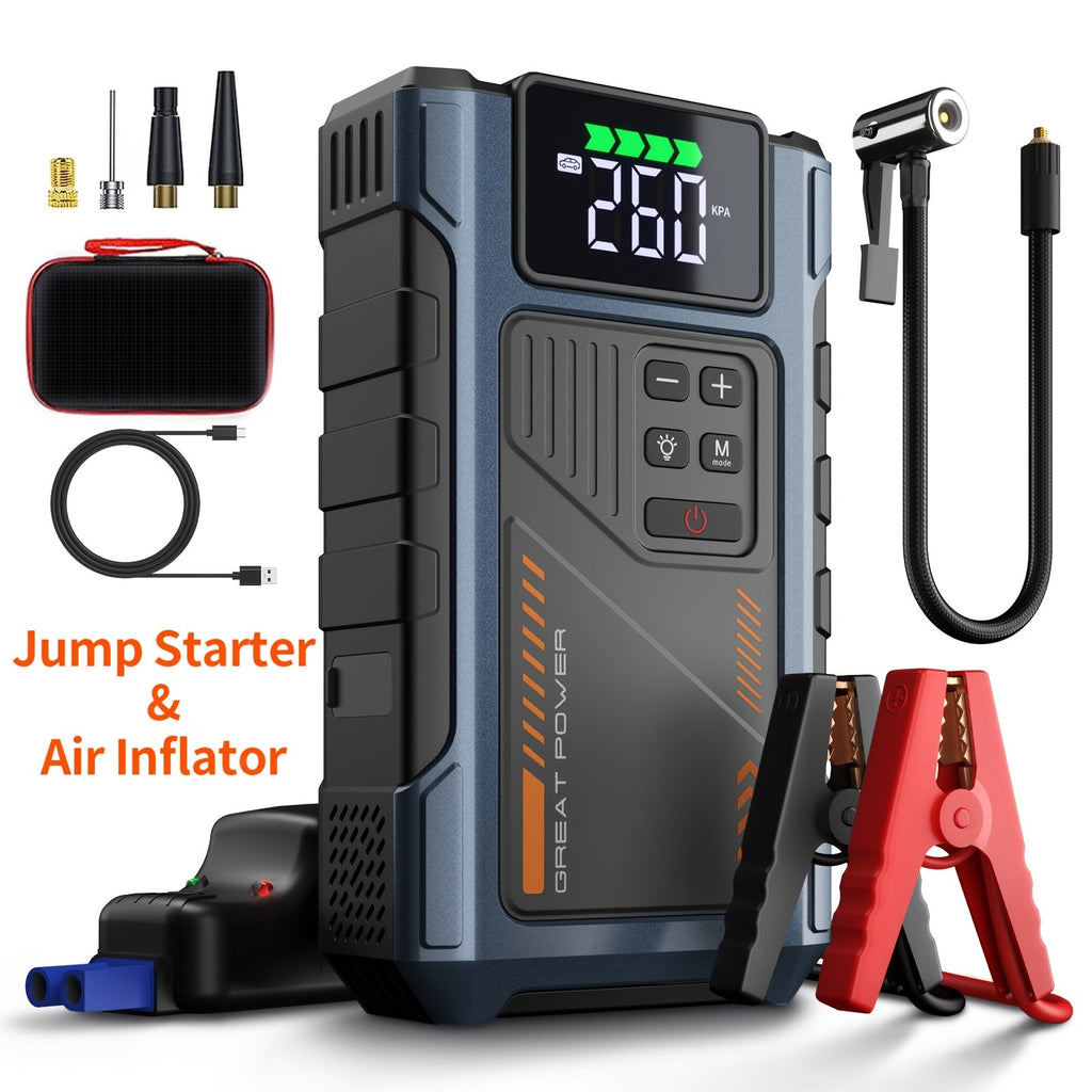 4000A Car Jump Starter with Air Compressor & Tire Inflator – All-in-One Portable Battery Booster for Gas & Diesel Engines, LED Light USB Power Bank Digital Display, Compact Emergency Car Starter