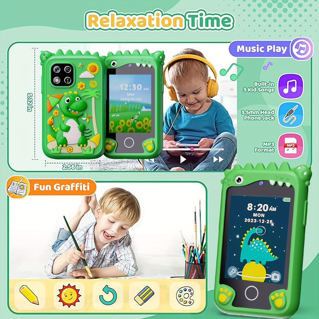 Kids Smart Phone Toy Dinosaur Design HD Touchscreen Dual Camera 8GB SD Card Play Cell Phone for Boys Girls Ages 3 and Up Travel Toy Birthday Easter Halloween Christmas Gift Green Purple