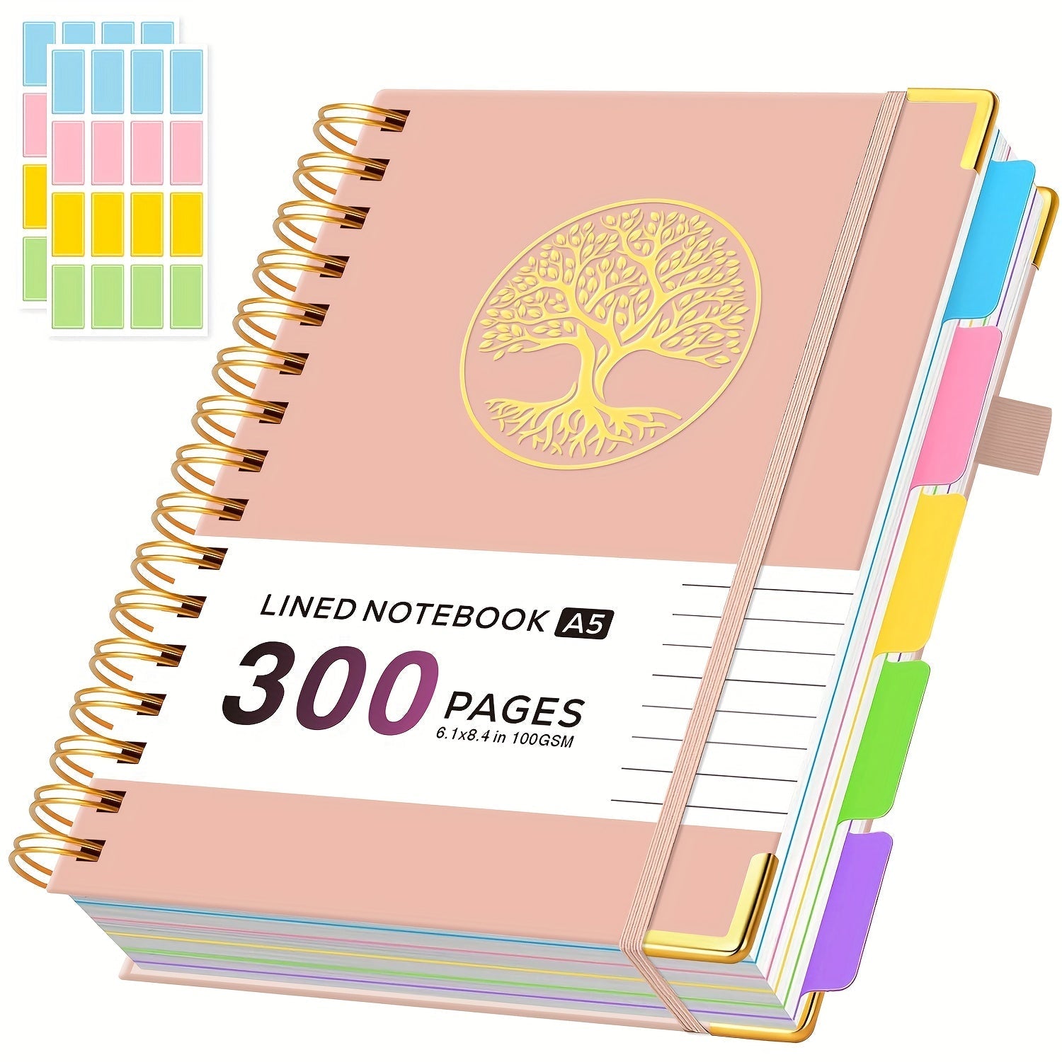 A5 Hardcover 5-Subject Spiral Notebook 300 College-Ruled Pages with Removable Divider Tabs Built-In Pocket 6.1x8.4 Inch Lined Journal for Students Work School Note Taking Purple Green Pink Black