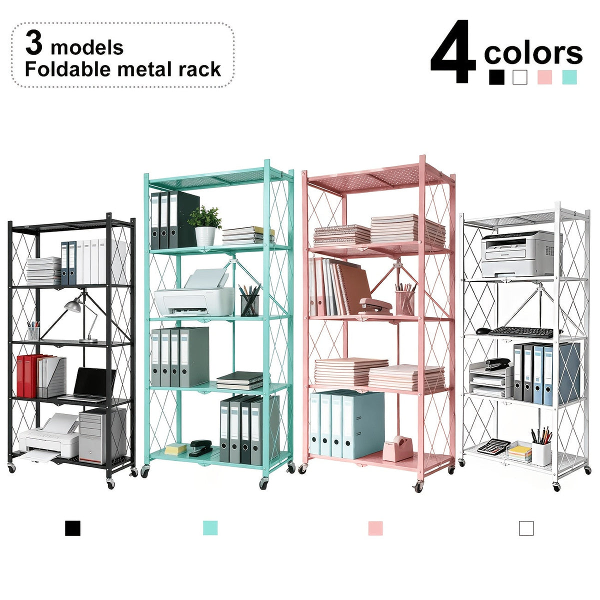 Heavy Duty Folding Storage Rack with Wheels – 3/4/5-Tier Portable Floor-Standing Shelf, No Assembly Required, for Home, Office, Bedroom & Dorm, 4 Colors Available