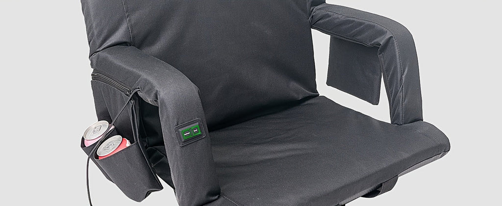 LILYPELLE Double Heated Stadium Seat with Back & Arm Support – Portable Bleacher Seat with 6 Reclining Positions, USB Heated Cushion for Sports Events, Outdoor Games, Travel & Hiking (Power Bank Not Included)