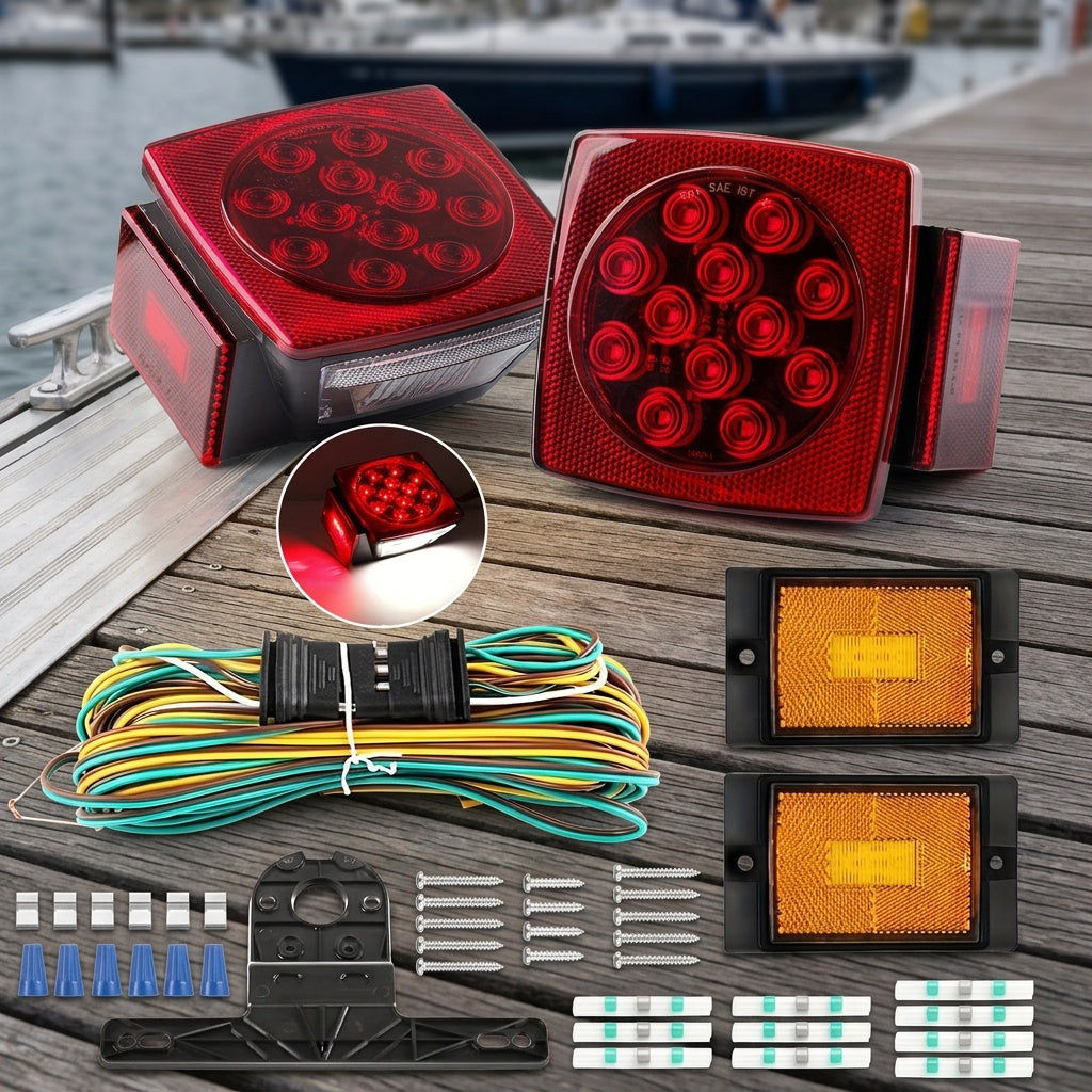 12V LED Trailer Light Kit with Wiring Harness – Submersible Waterproof Utility Trailer Lights for Boat RV Truck, Complete Install Kit for Trailers Under 80 Inch, Corrosion Resistant LED
