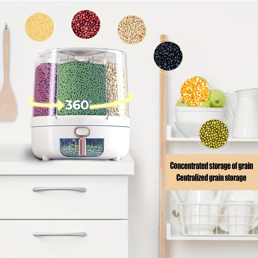 Rotating Cereal Dispenser 6-Grid Large Capacity Airtight Rice Storage Container, Moisture-Proof Insect-Proof Grain Dispenser with Transparent Window & Press Button, Food-Grade PP for Rice Grains Flour