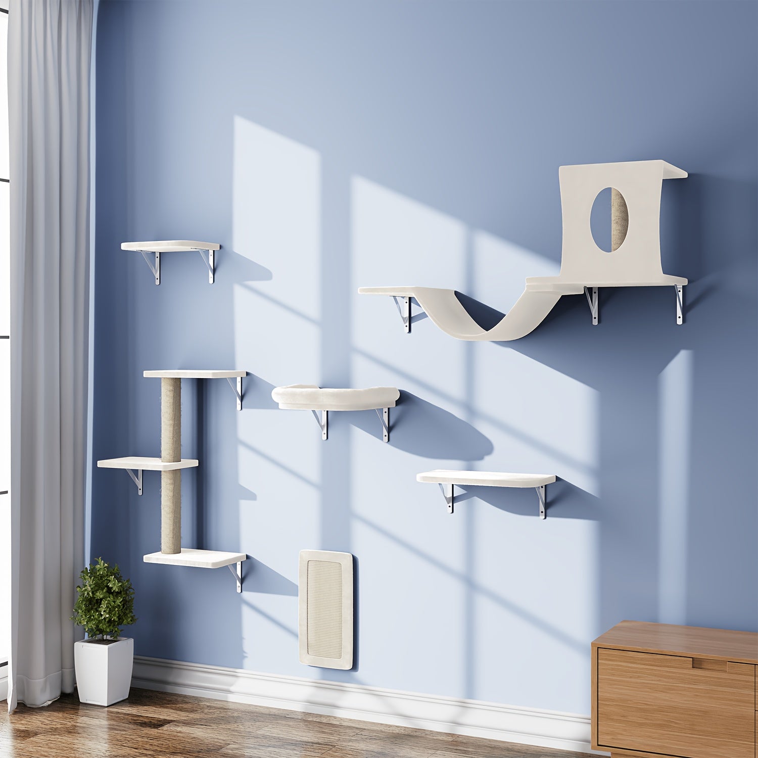 Wall Mounted Cat Climbing Shelf Set 7-Piece Deluxe Indoor Cat Furniture with Condo Scratching Post Bridge Ladder Tunnel – Space-Saving Cat Wall Playground for All Cat Sizes