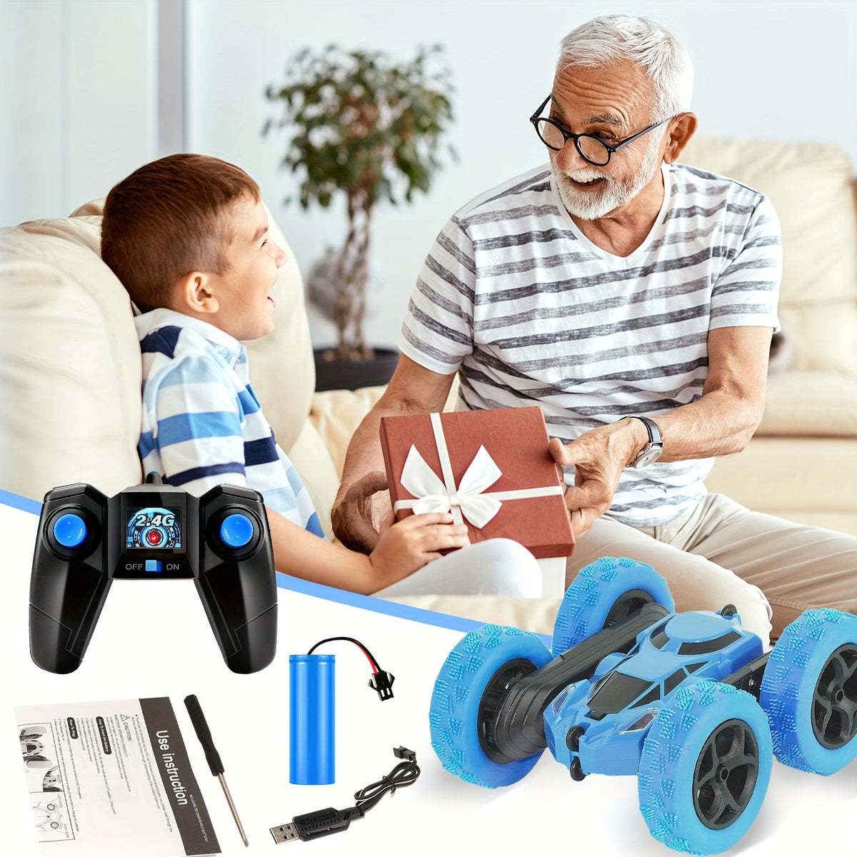 Double-Sided RC Stunt Car for Kids Ages 6+ – 2.4GHz 4WD 360° Flip Remote Control Car with LED Headlights, 1400mAh Rechargeable Battery, All-Terrain Stunt Vehicle, Birthday Christmas Gift