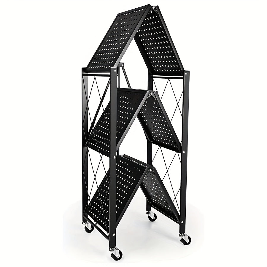 3 Layer Heavy Duty Foldable Metal Storage Rack with Wheels 750 LBS – Movable Rolling Shelving Unit for Garage Kitchen Warehouse Basement & Home Organization