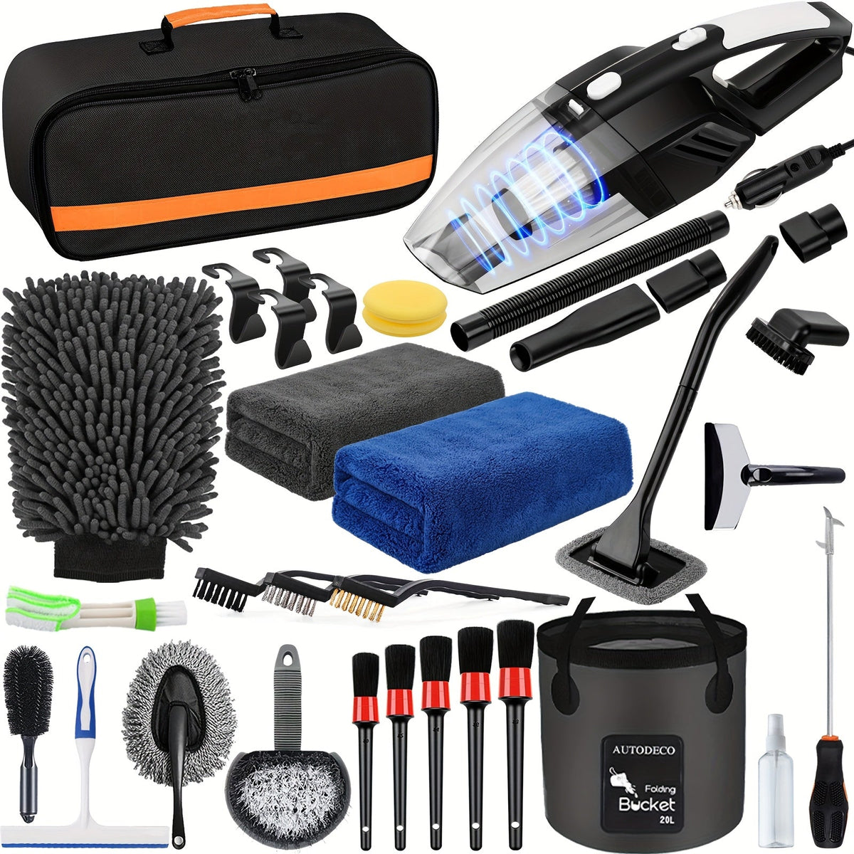 41-Piece Car Wash Detailing Kit with 120W Handheld Vacuum Cleaner Foldable Bucket Windshield Tool Tire Brush Snow Shovel Interior Exterior Complete Car Care Set Pink Black Blue