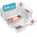 Clear Plastic Drawer Organizer Set 44 or 60 Pcs 4 Sizes Non-Slip Vanity Tray Organizers for Makeup Jewelry Bathroom Bedroom Kitchen Office Desk Cosmetic Storage