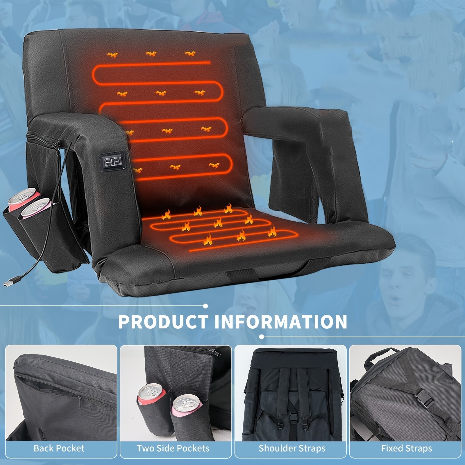 LILYPELLE Double Heated Stadium Seat with Back & Arm Support – Portable Bleacher Seat with 6 Reclining Positions, USB Heated Cushion for Sports Events, Outdoor Games, Travel & Hiking (Power Bank Not Included)