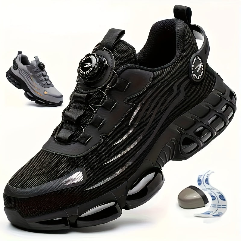 Men's Breathable Work Shoes - Durable Safety Shoes with Reflective Stripes, Lightweight Cushioned Sole for Industrial, Construction and Casual Wear, Available in Black and Grey, Sizes US 6 to 11