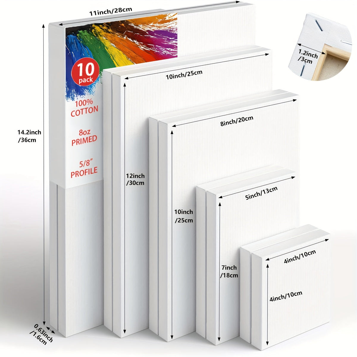 Stretched Canvas Multi-Pack 100% Cotton Primed White – Round Square Rectangular Sets 10 15 20 Pieces for Acrylic Oil Watercolor Painting Pouring Mixed Media Artist Boards Bulk Value Pack