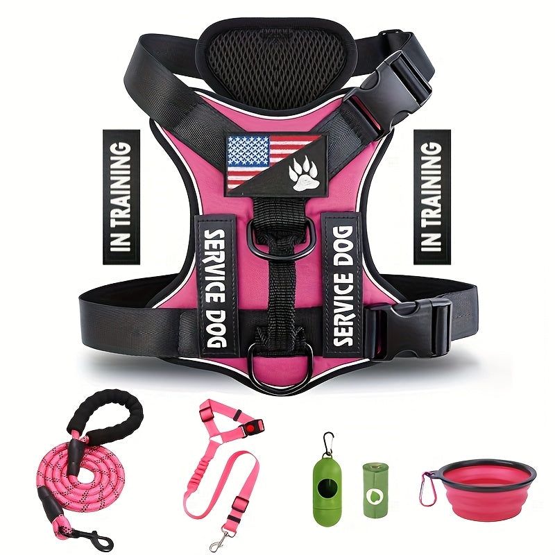 Dog Vest Harness Set with Leash – Adjustable No-Pull Harness Includes 5 Patches, Seat Belt, Collapsible Bowls & Poop Bag Dispenser for Training Walking Hiking XS to XL