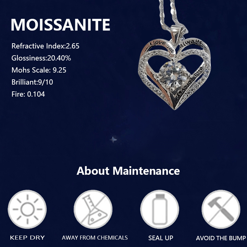 925 Sterling Silver 1-Carat Moissanite Heart Necklace Women – Brilliant Sparkle Heart Pendant Classic Elegant Party Vacation Gift Birthday Christmas