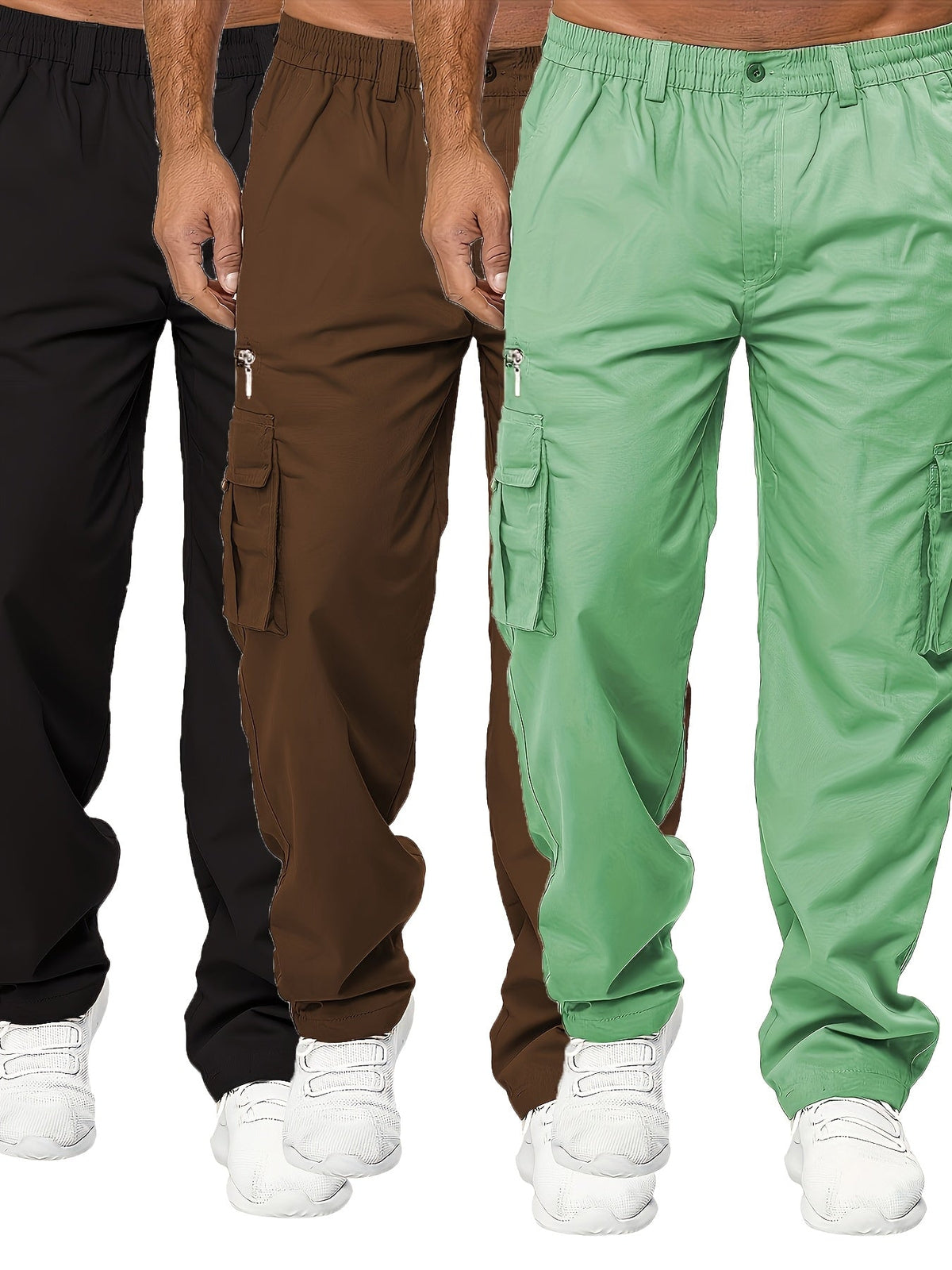 Men's Cargo Pants 3-Pack Multi-Pocket Regular Fit – Solid Color Polyester Woven Hiking Outdoor Pants for Spring & Fall, Sizes S-XXXL, 9 Color Combos