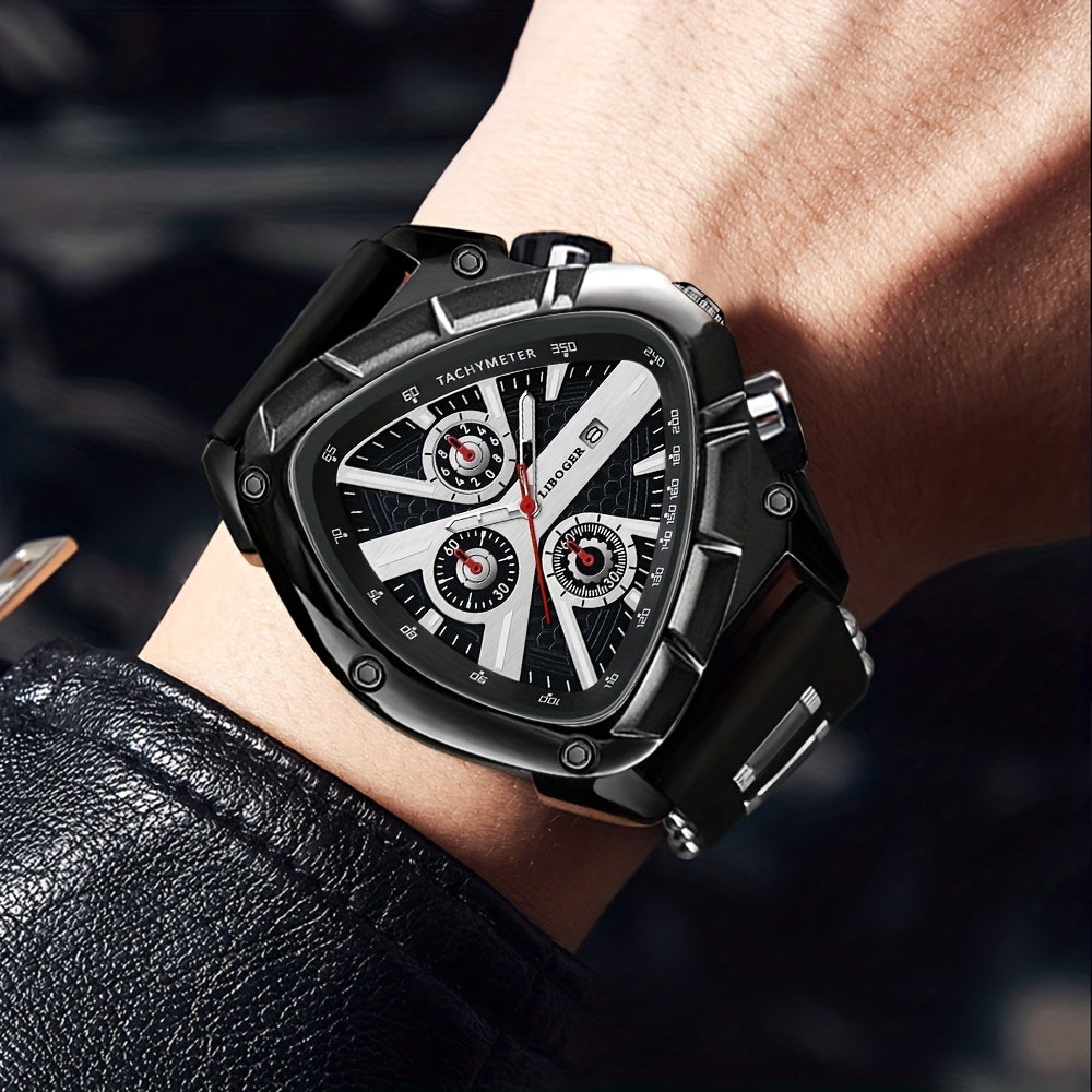 2pcs Men's Watch Set Sports Triangle Dial Silicone Strap and Retro Square Dial Quartz Watches with Date Display Dress Watch for Casual Valentine's Father's Day Gift