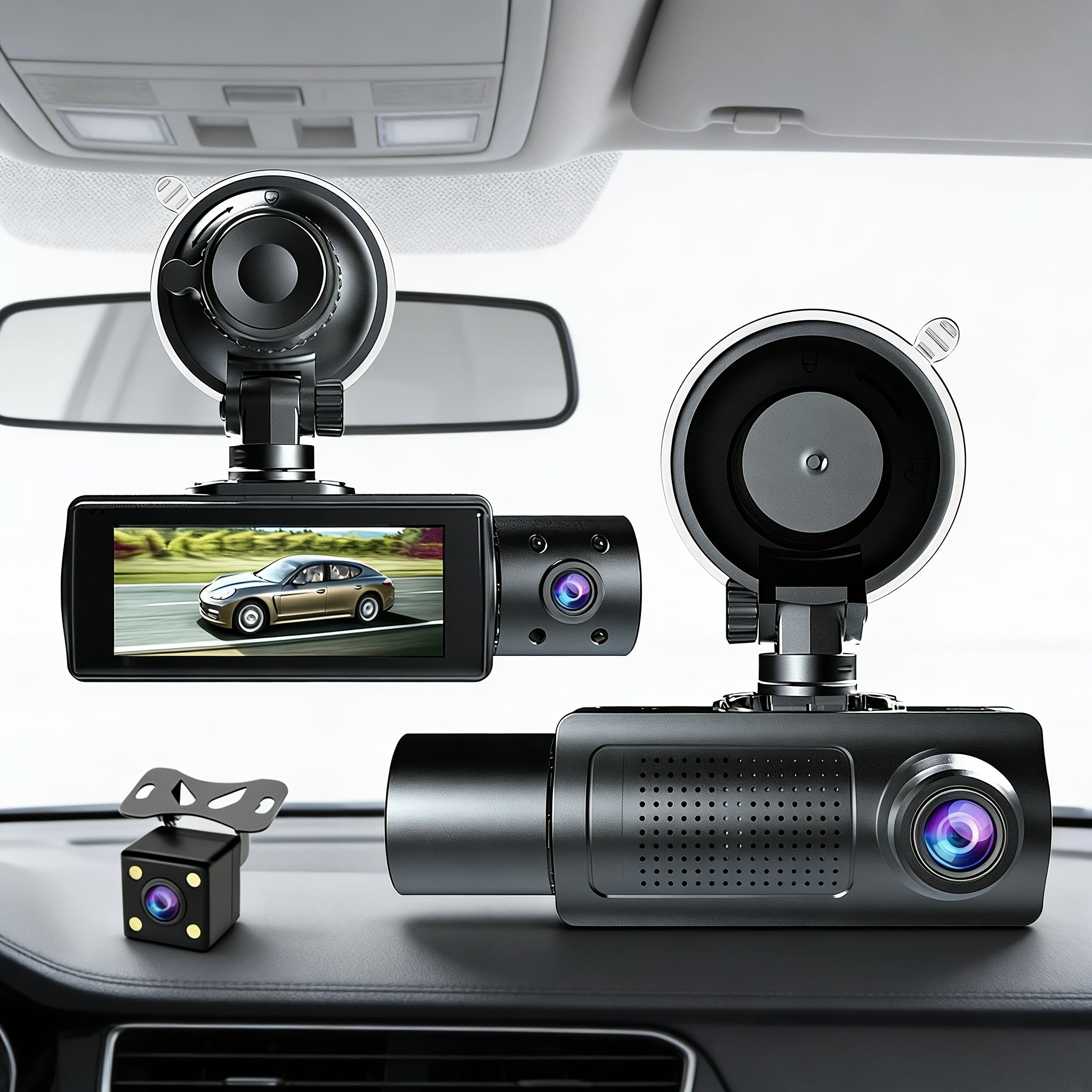 3-Channel Dash Cam with Infrared Night Vision & Smartphone App – Front, Rear & Interior Car Camera with Loop Recording, Wide Angle Lens, Optional 64GB/512GB Memory Card for Cars, Trucks & Rideshare