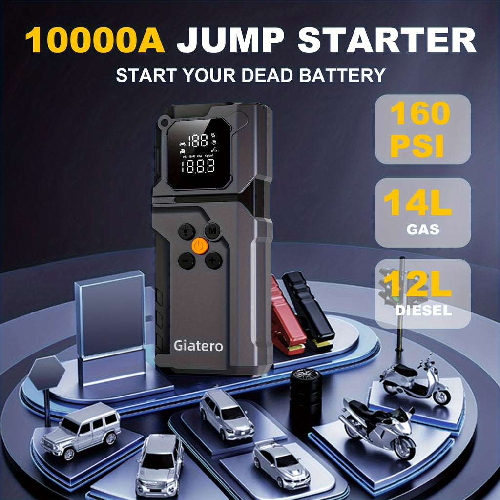 10000A Jump Starter with Air Compressor 160 PSI, Portable Car Battery Booster Pack for Gas & Diesel Engines, USB-C QC 3.0 Fast Charge, LED Flashlight, Digital Display – Giatero Q27