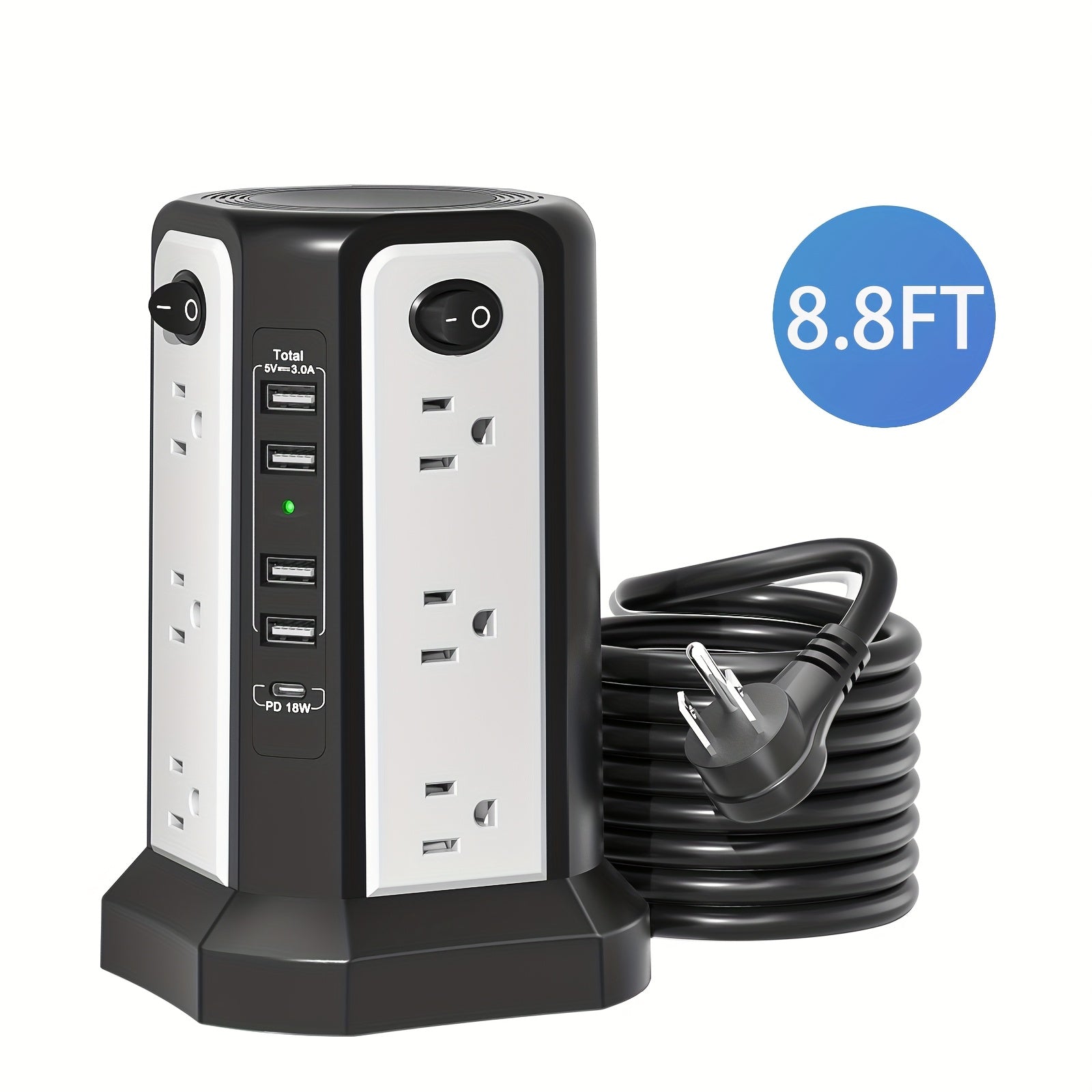 Tower Surge Protector Power Strip 12 Outlets 5 USB Ports PD 18W USB-C Fast Charging 10FT Extension Cord 1800J Surge Protection 4 Independent Switches Home Office Desk Dorm Room Vertical Design
