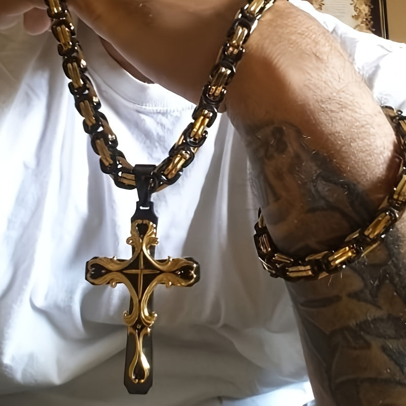 304 Stainless Steel Cuban Chain Necklace & Bracelet Set for Men – Religious Cross Pendant, Tarnish-Resistant Hip Hop Jewelry, Silver Tone, Daily Wear & Gift