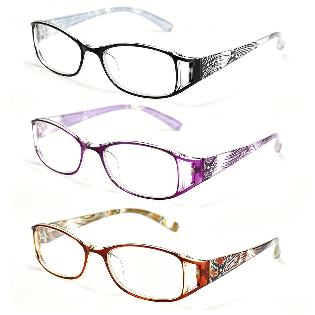 3-Pack Women's Reading Glasses Ultra-Light Flower Skeleton Frame – Stylish Ladies Presbyopia Readers Combo Set Strengths +1.00 to +4.00 Blue Purple Brown Black Gift for Women