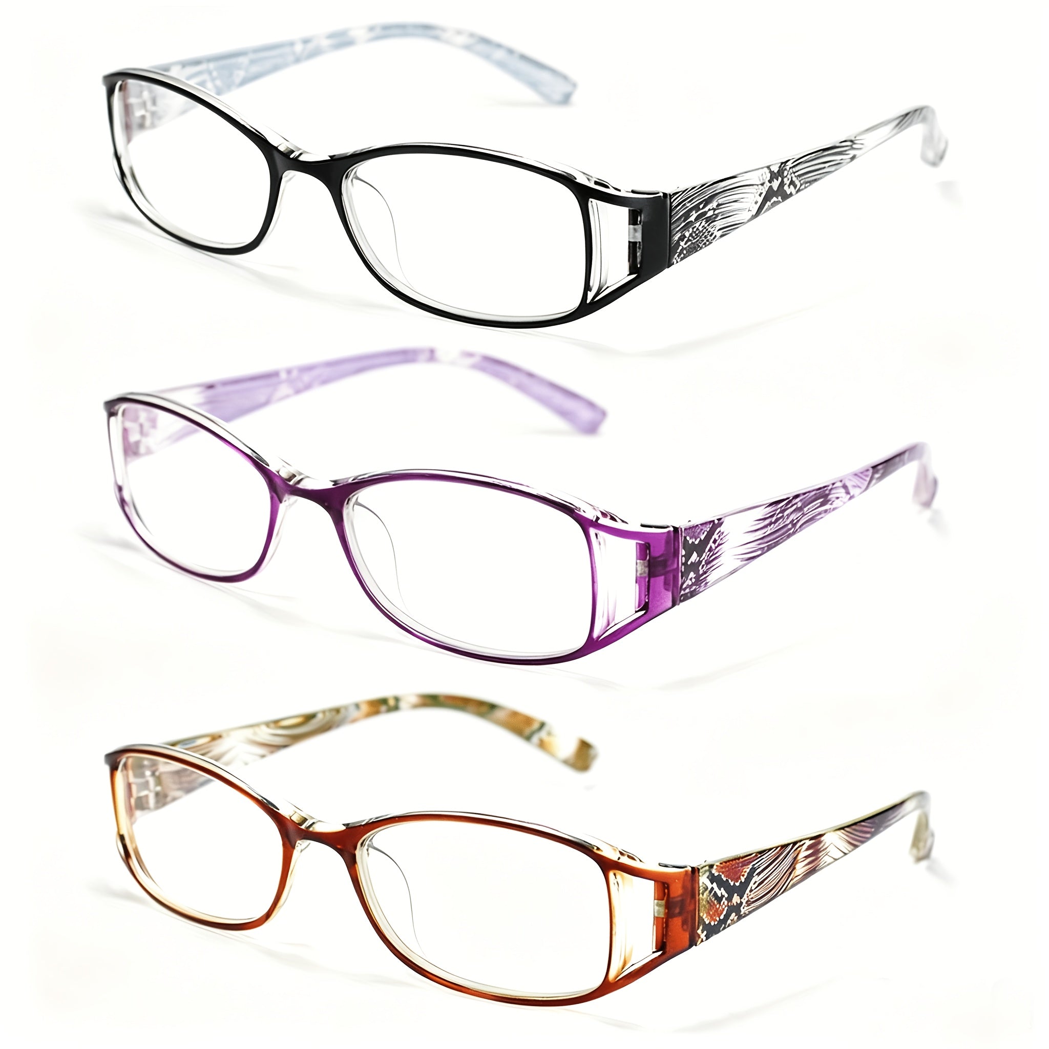 3-Pack Women's Reading Glasses Ultra-Light Flower Skeleton Frame – Stylish Ladies Presbyopia Readers Combo Set Strengths +1.00 to +4.00 Blue Purple Brown Black Gift for Women