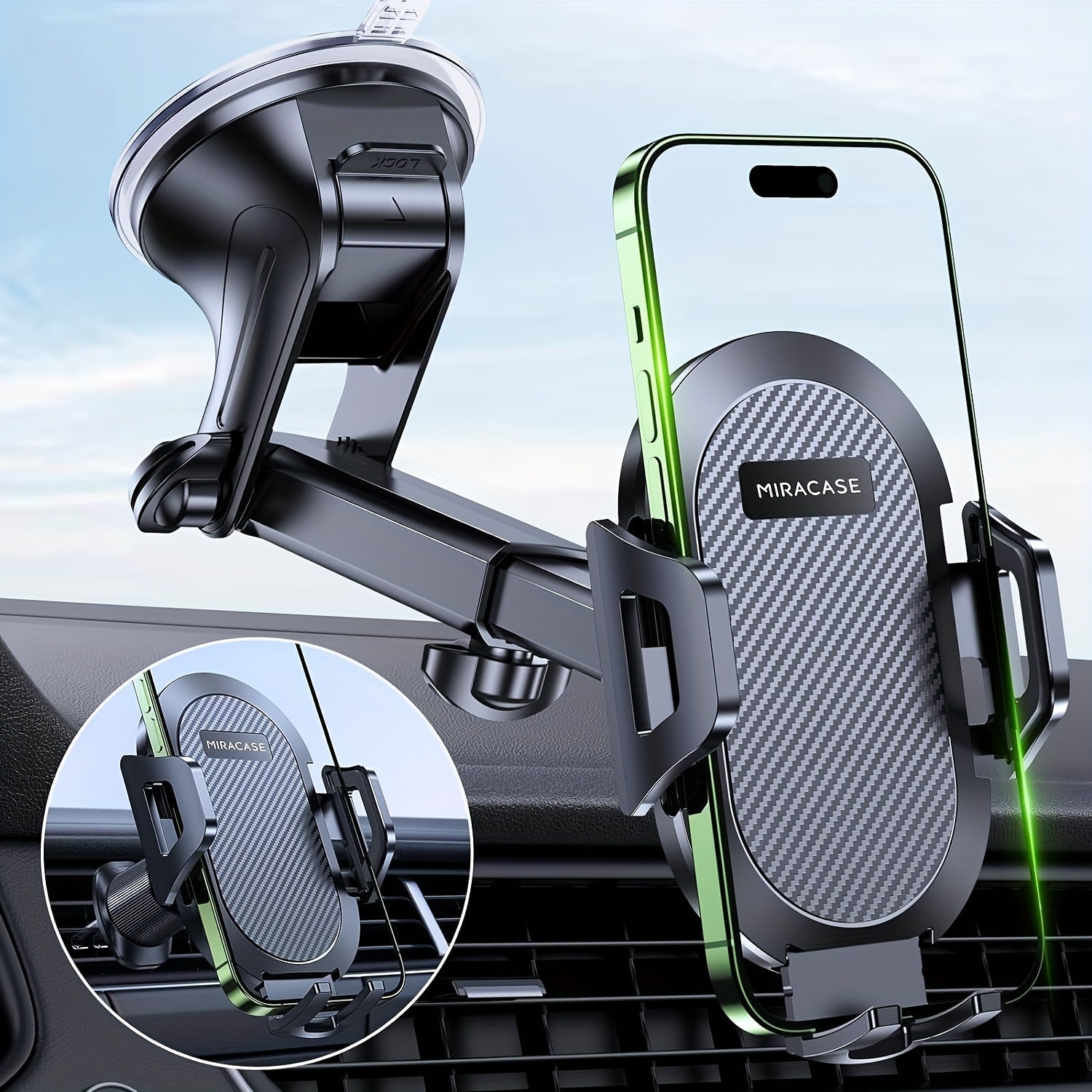 3-in-1 Car Phone Mount – Super Suction Dashboard & Air Vent Holder with Telescopic Arm, Adjustable Cradle & Quick Release for All Phones, Durable Metal Hooks