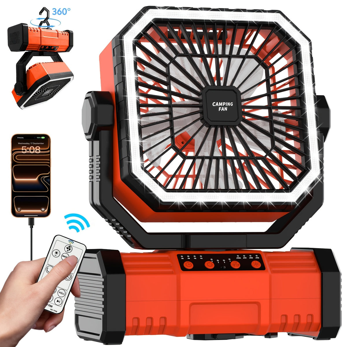 20000mAh Portable Camping Fan with Remote Control, LED Lights & 4 Speeds – Rechargeable Battery Operated Oscillating Tent Fan with 360° Rotation & Power Bank for Outdoor Camping, RV, Travel & Home Backup