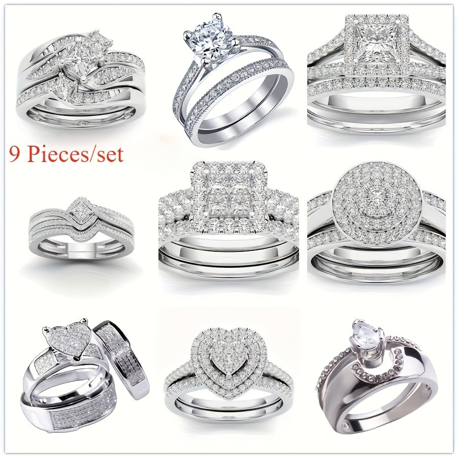 9 Piece Princess Cut Cubic Zirconia Bridal Wedding Ring Set for Women – Stackable Engagement Rings Classic Jewelry Gift for Girlfriend Wife Sizes 6-11