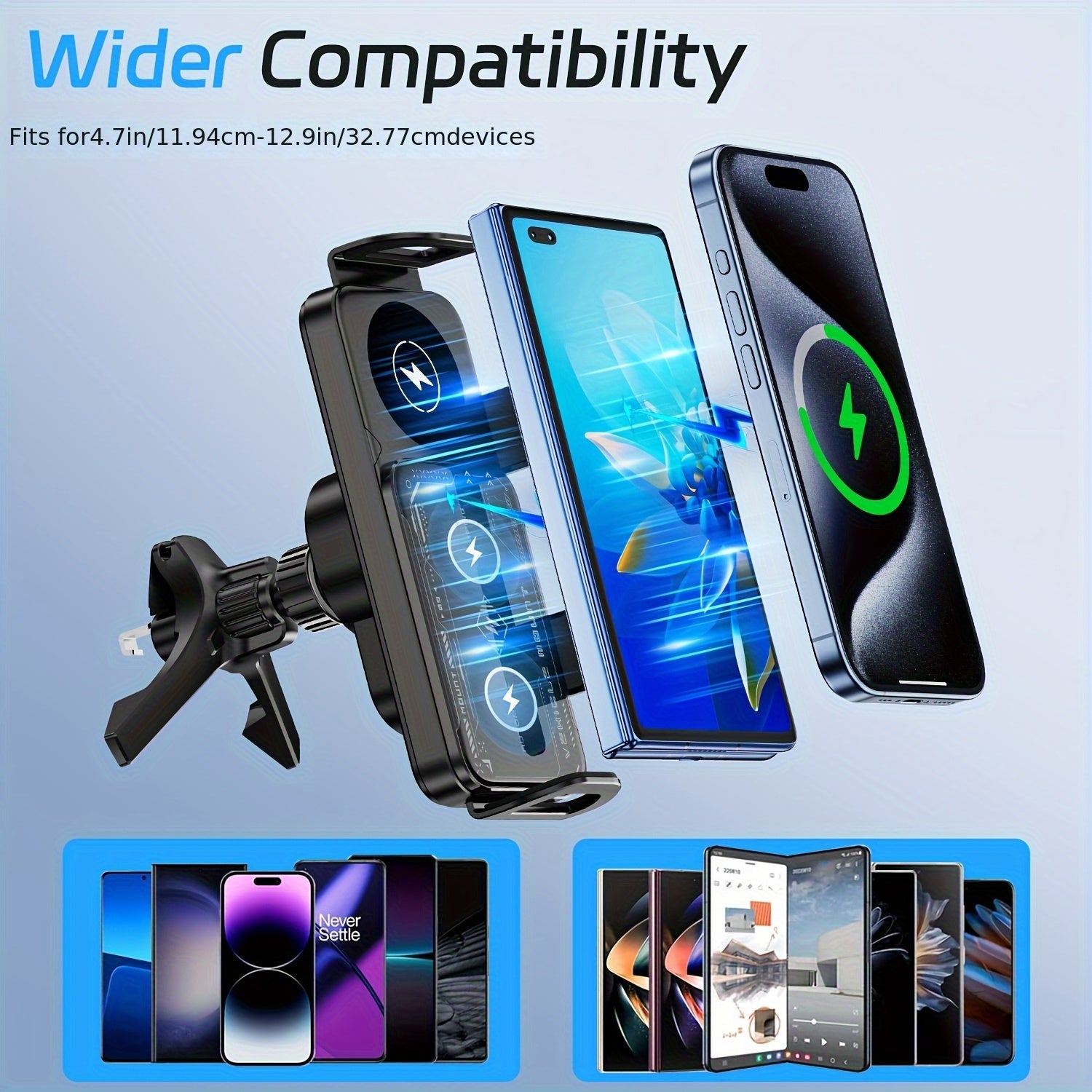 15W Wireless Car Charger Mount Auto-Clamping for Samsung Galaxy Z Fold6 Fold5 Fold4 iPhone 16 15 14 13 12 Pro Max – Electric Horizontal Vertical Adjustment Fast Wireless Charging Car Phone Holder 4.3"-6.9"